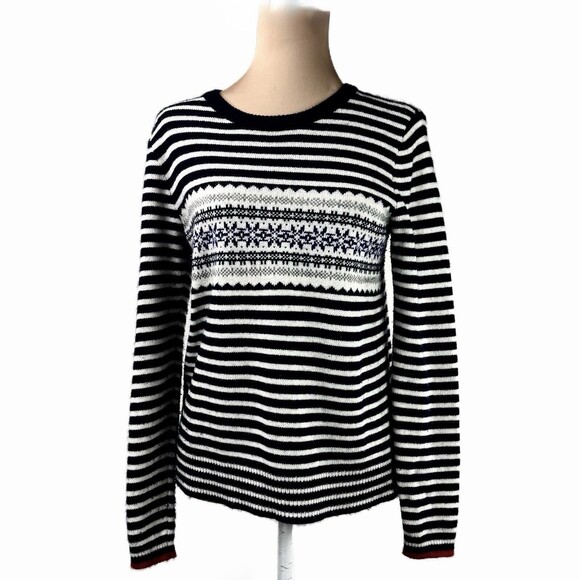 J Crew Factory Size Medium Fair Isle Sweater Navy Stripe Wool Blend Pullover - Picture 1 of 14